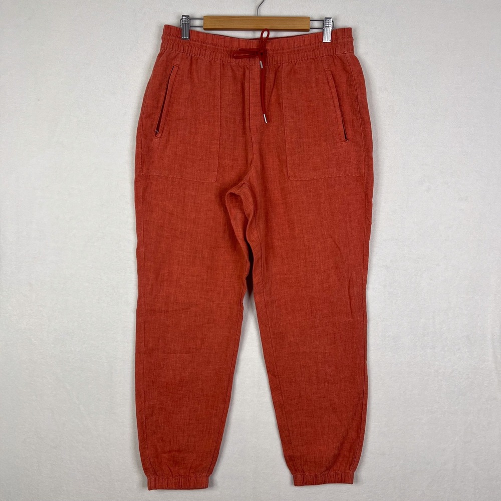 Athleta Orange Retreat 100% Linen High Waisted Jogger Pant Zip Pockets Size 10